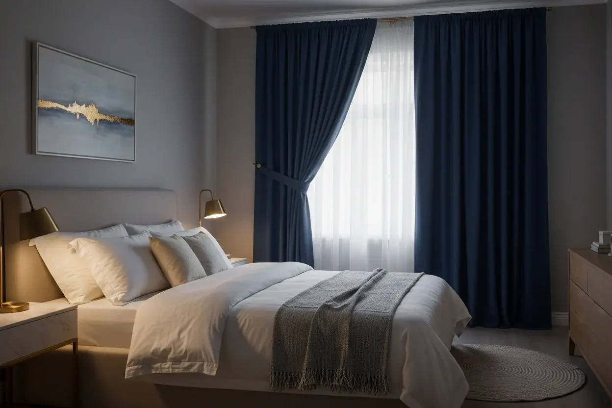 A quiet bedroom with soft furnishings and blackout curtains supporting a calm sleep environment